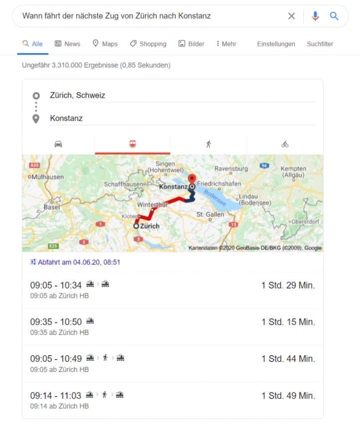 Google-Suchergebnis für die Fahrt mit dem Zug von Konstanz nach Zürich
