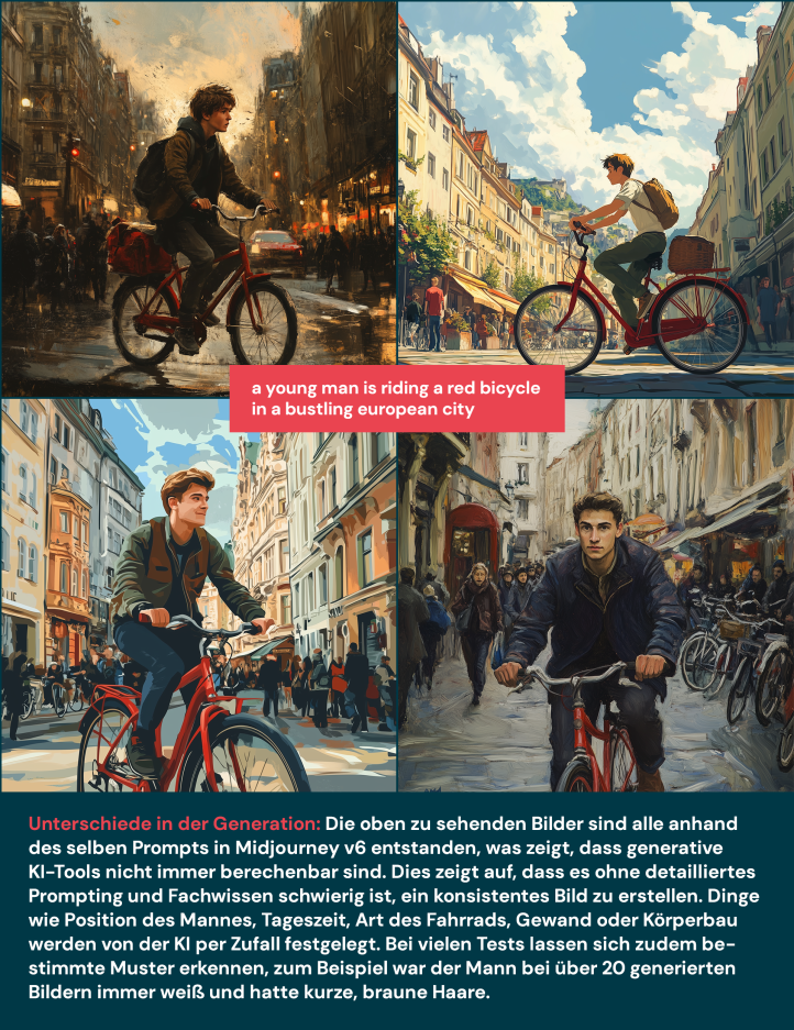 Unterschiede in der Generation: Die 4 zu sehenden Bilder sind alle anhand des selben Prompts in Midjourney v6 entstanden "a young man is riding a red bicycle in a bustling european city", was zeigt, dass generative KI-Tools nicht immer berechenbar sind. Dies zeigt auf, dass es ohne detailliertes Prompting und Fachwissen schwierig ist, ein konsistentes Bild zu erstellen. Dinge wie Position des Mannes, Tageszeit, Art des Fahrrads, Gewand oder Körperbau werden von der KI per Zufall festgelegt. Bei vielen Tests lassen sich zudem bestimmte Muster erkennen, zum Beispiel war der Mann bei über 20 generierten Bildern immer weiß und hatte kurze, braune Haare.