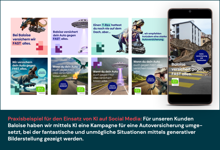 Praxisbeispiel für den Einsatz von KI auf Social Media: Für unseren Kunden Baloise haben wir mittels KI eine Kampagne für eine Autoversicherung umgesetzt, bei der fantastische und unmögliche Situationen mittels generativer Bilderstellung gezeigt werden.