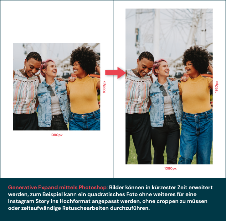 Generative Expand mittels Photoshop: Bilder können in kürzester Zeit erweitert werden, zum Beispiel kann ein quadratisches Foto ohne weiteres für eine Instagram Story ins Hochformat angepasst werden, ohne croppen zu müssen oder zeitaufwändige Retuschearbeiten durchzuführen.