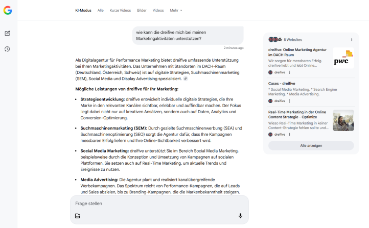 Ein Screenshot des KI-Modus in einem beispielhaften Chat mit der Fragestellung "wie kann die dreifive mich bei meinen Marketingaktivitäten unterstützen". Darunter steht eine generierte Antwort und rechts gibt es ein Panel mit 3 Links.